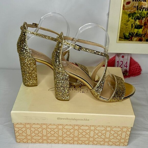 NWB Badgley Mischka Jewel Cook Metallic Gold Glitter Evening Sandals Size 9 - Picture 4 of 11